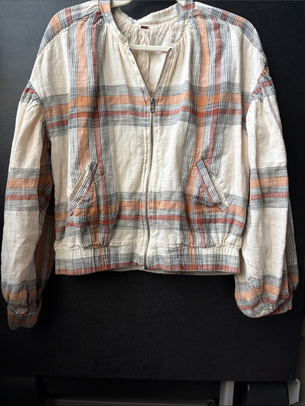 Free People Cream Plaid Zip-Front Bomber with Rust & Gray Stripes - Picture 2 of 6